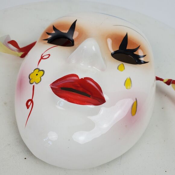 Vintage Circus Clown Ceramic Mask ART 7.5 Inch Taiwan Hand Painted Flower Tears - Picture 2 of 7